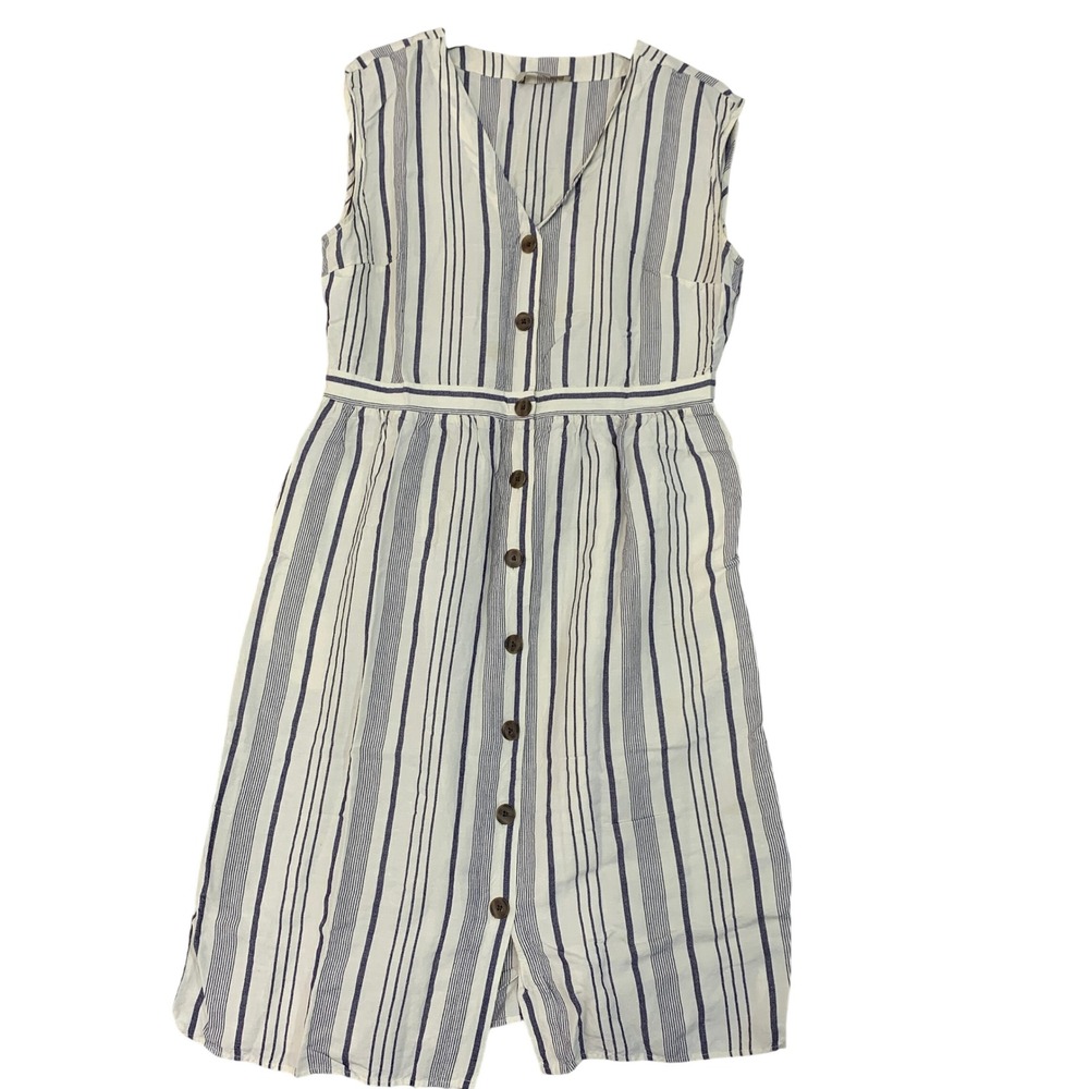 LOFT Women's 14 Cream Blue Striped Sleeveless Midi Shirt Dress Linen Blend